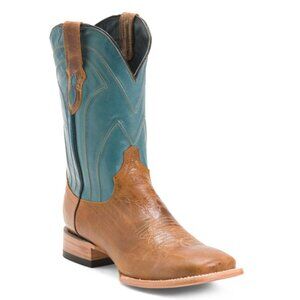 FERRINI Tan/blue Men's Made In Mexico Leather Maddox Square Toe Cowboy Boots